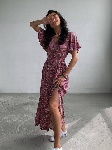 Boho French Style Flower Printed Dress Women V-Neck Elegant Lace-up Sundress Summer Elegantes Para Mujer Maxi Dress Vestido