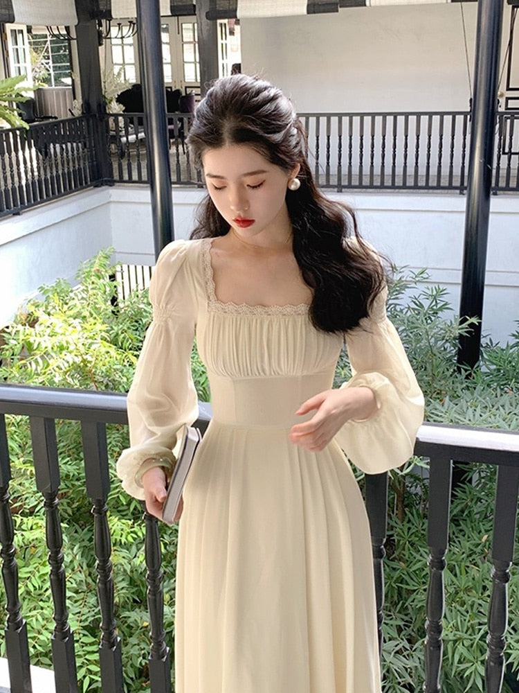 French Elegant Solid Midi Dress Woman Fairy One Piece Dress Korea Fashion Summer Long Sleeve Even Party Dress Casual Female