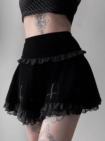 Goth Dark Mall Gothic Aesthetic Velvet Pleated Mini Skirts Women Vintage Harajuku Emo Alt Clothes High Waist Lace Ruffles Skirt