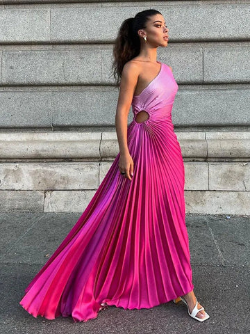 Women's Gradient Pleated Diagonal Collar Maxi Dresses Hollow Out Backless Sleeveless Dresses Irregular Lady Evening Vestidos