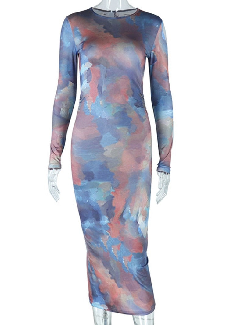 Casual Sexy O-neck Tie Dye Printed Bodycon Party Dress for Women Streetwear Y2K Autumn Ladies Nightclub Mid-calf Vestidos