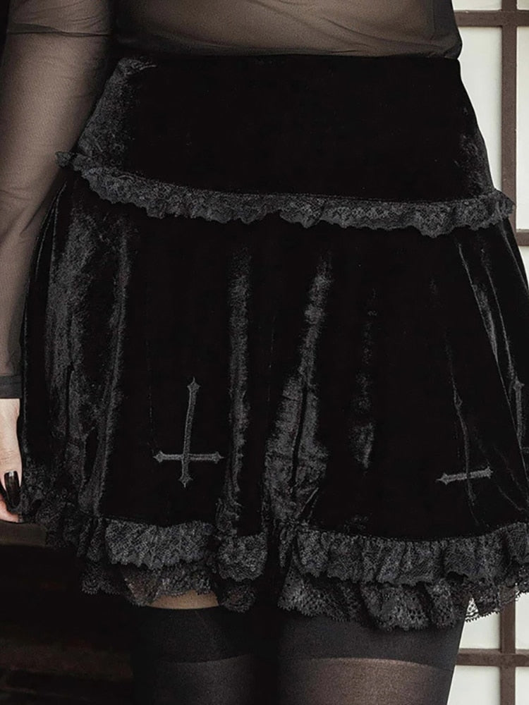 Goth Dark Mall Gothic Aesthetic Velvet Pleated Mini Skirts Women Vintage Harajuku Emo Alt Clothes High Waist Lace Ruffles Skirt