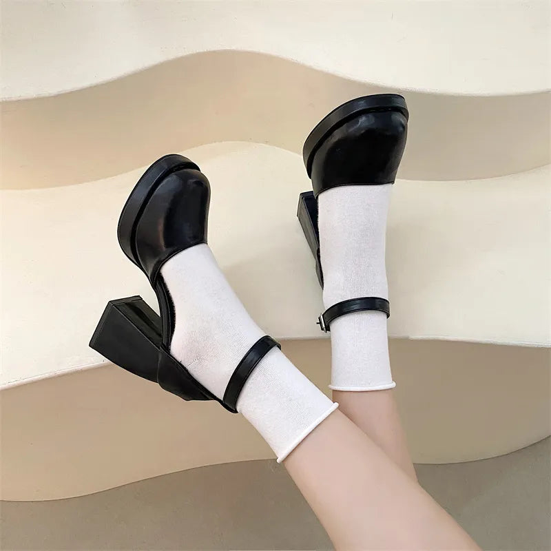 Pu Leather Ankle Strap Platform Pumps for Women Round Toe High Heels Mary Jane Shoes Woman High Quality Square Heel Party Shoes