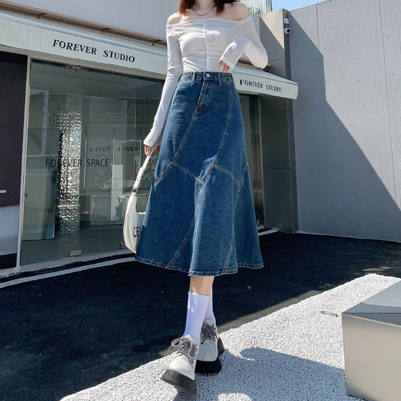 Vintage Women Denim Trumpet Skirt Streetwear Casual Irregular Patchwork A Line High Waist Ladies Mermaid Jean plaid Skirt