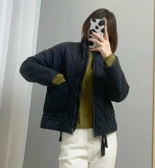 Grey Stand Collar Zipper Women Bomber Cotton Coat Lantern Sleeve Oversized Loose Pocket Jacket Autumn Winter Chic Outwears