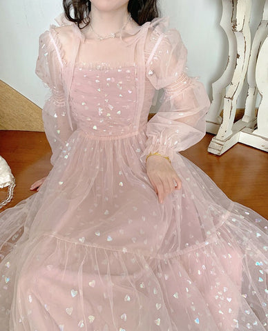 Lace Elegant Sequin Fairy Dress Women Pink Patchwork Vintage Party Midi Dresses Female Casual Sweet Princess Kawaii Dress