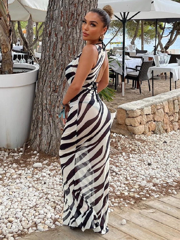 Zebra Print Beach Dress Women Bikini Cover Up Sexy Mesh See Through Long Dress Summer Fashion Cut Out Bodycon Dress New