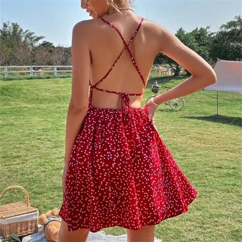 Dot Print Summer Mini Dress Women Back Lacing Straps Backless Cami Dress Print Boho Beach Dress High Waist Suspender Sexy Dress