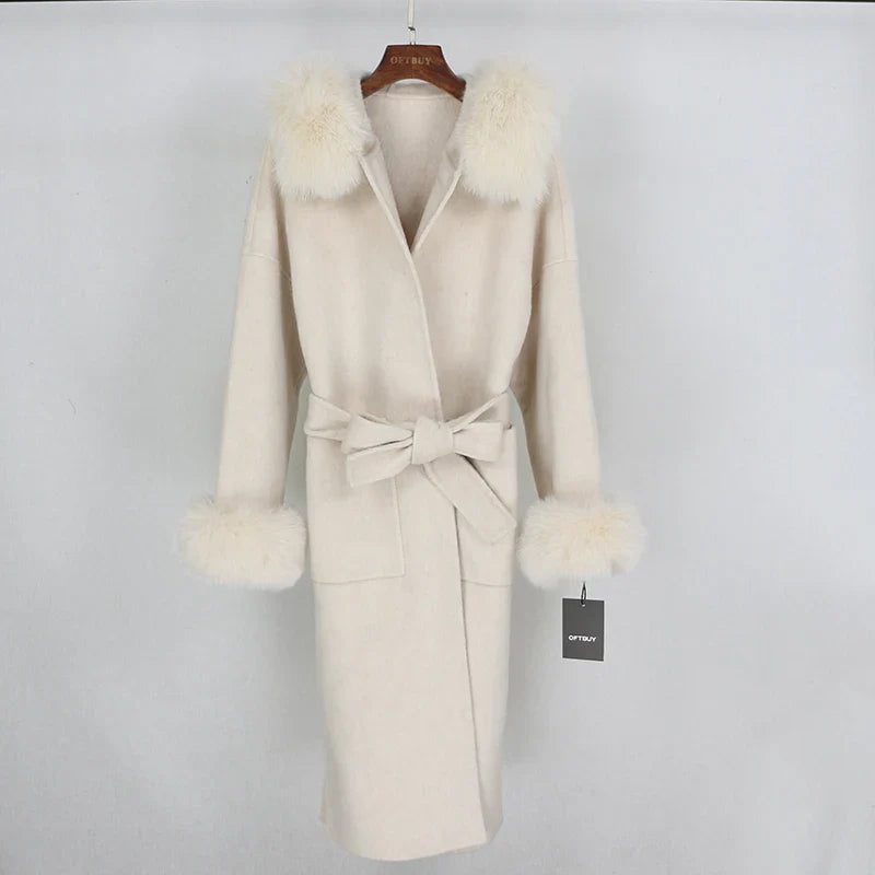New Oversize Loose Cashmere Wool Blends Real Fur Coat Winter Jacket Women Natural Fox Fur Collar Hood Outerwear Belt