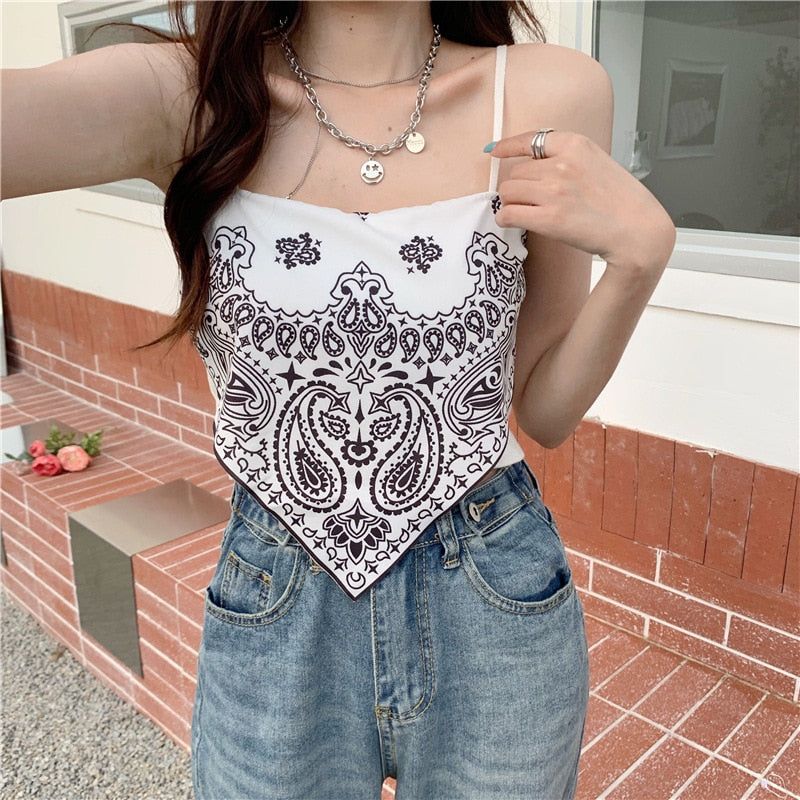 Retro Camisole Summer Short Triangle Top Mercerized Cotton Paisley Printed Indie Folk Woman Sexy Spaghetti Camis Crop Tops Pbong mid size graduation outfit romantic style teen swag clean girl ideas 90s latina aesthetic