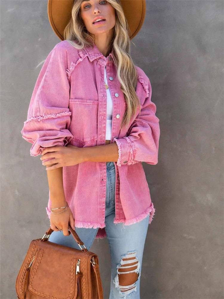 Girls Sweet Pink Loose Shirt Jacket Woman Casual Soft Button Denim Shirts Ladies Chic Solid Pocket Jackets