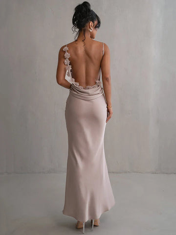 Floral Draped Backless Maxi Long Dress For Women Fashion Spaghetti Strap Sleeveless Bodycon Evening Party Dress Elegant