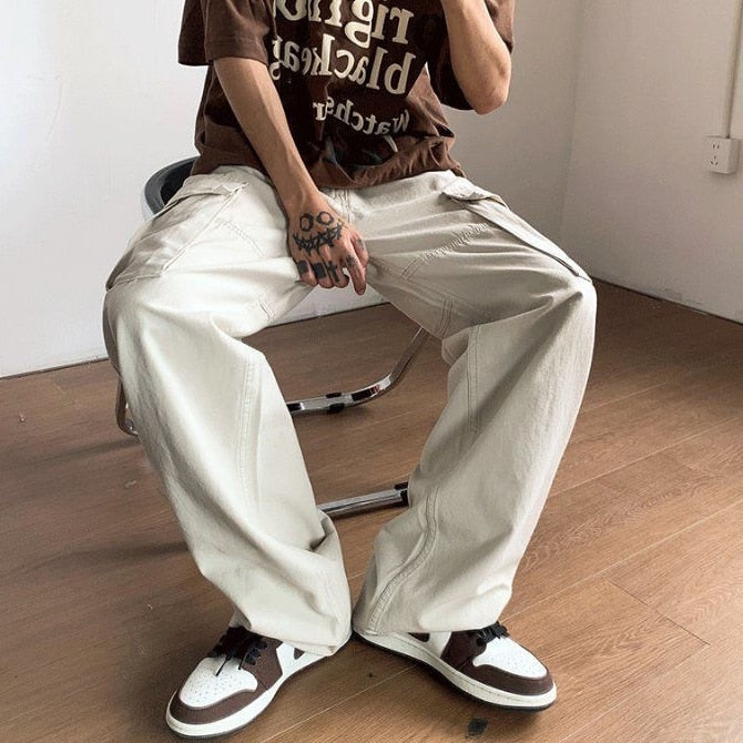 Harajuku Beige Cargo Pants Women Streetwear Hip Hop Pockets Black Oversized Wide Leg Trousers 90s Vintage Hippie Bottom