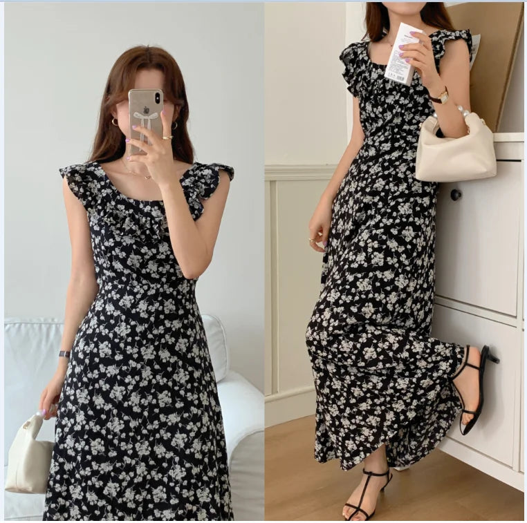 Chic Korean Clothes Design Autumn Women Sleeveless Japan Girls Cute Floral Printed Retro Vintage Date Black Long Maxi Dress