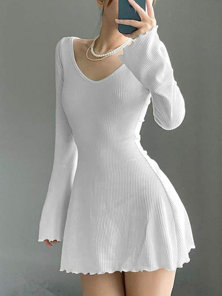 Casual Frill Long Sleeve Black Female Dress Slim Spring Autumn Mini Dresses Basic Fashion Elegant Outfits Korean Chic