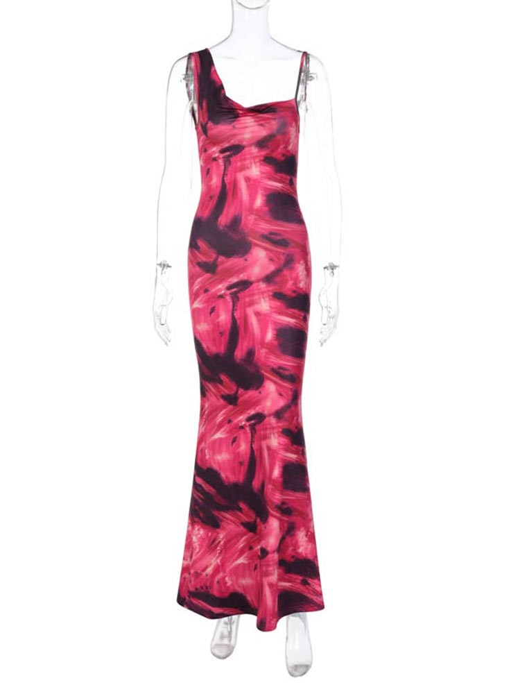 Sexy Vintage Print Female Sling Long Dress Square Collar Sleeveless Backless Dresses Summer Ladies Beach Vocation Vestidos
