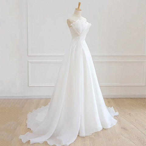 Luxury White Satin Chiffon Strapless Wedding Trailing Dresses for Bride Elegant Long Prom Evening Guest Party Women Dress