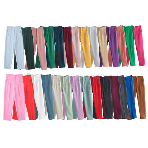 Woman Casual Solid High Waisted Pants Spring Elegant Female Basic Pocket Pant Office Ladies 14 Color Pant