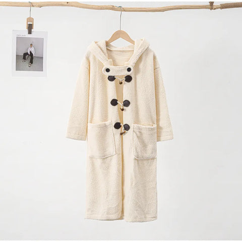 Faux Woolen Long Coat Women Long Sleeve Big Pocket Cow Horn Button Hoodies Outwear Autumn Winter Warm Loose Lady Jackets