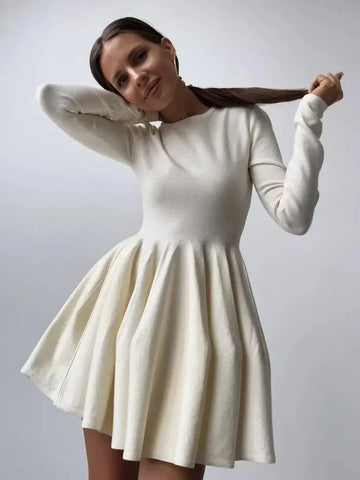 French Waistline Long-sleeved Slim-fit Bottom Knit Dress Women Autumn Winter Casual A-line Evening Party Dresses O-neck