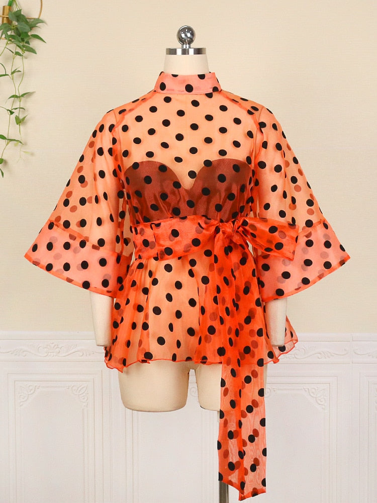 Women White Blouses Polka Dot Peplum See Through Sexy Thin Transparent Half Flare Sleeves Waist Belt Tops Shirt Fashion Bluas Pbong mid size graduation outfit romantic style teen swag clean girl ideas 90s latina aesthetic