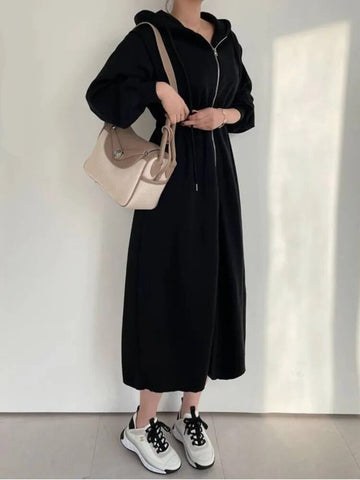 Fashion Chic Hooded Dress Women's Spring New Loose Zipper Long Sleeve Big Swing Mid-calf Dresses Female