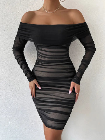 Shoulder Mesh Party Dress Women Clothing Sexy Club Backless Ruched Bodycon Dresses Long Sleeves Autumn Vestidos