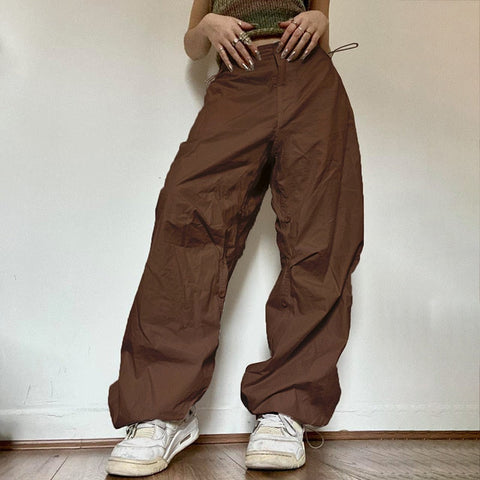 Women Wide Leg Cargo Pants Y2K Vintage Low Waist Drawstring Joggers Tech Pants Casual Solid Hippie Streetwear Baggy Trousers