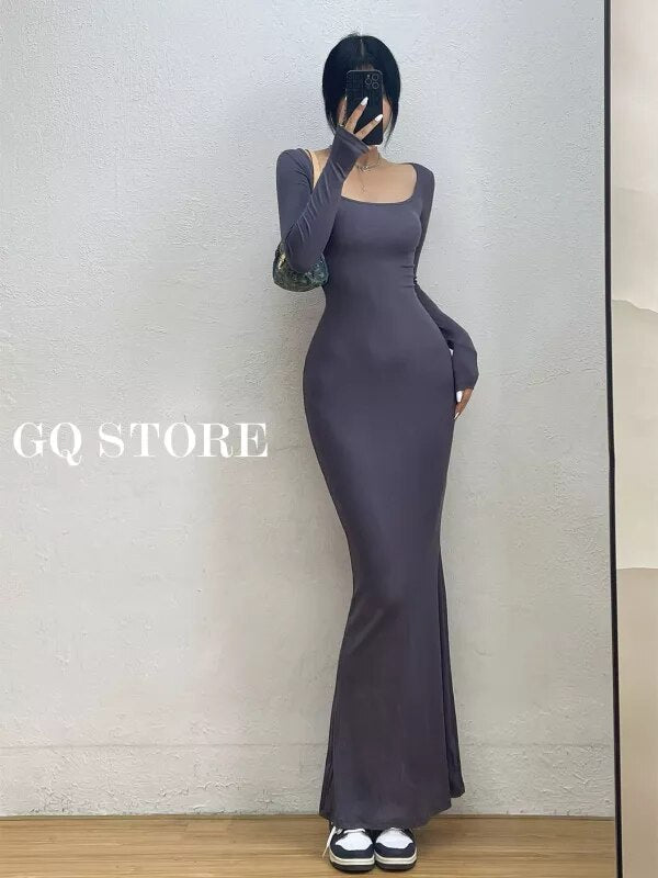 Sexy Square Collar Long Sleeve Fishtail Dress Tight Figure Wrap Hip Super Long Dresses Fashion Korean Tops