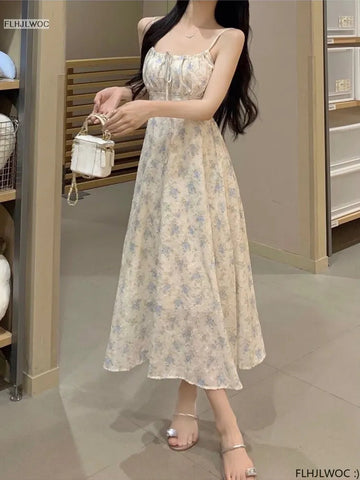 S-3XL Long Chic Vestidos Women Sleeveless Dresses Sweet Japan Korea Style Preppy Girls Retro Vintage Flower Holiday Dress