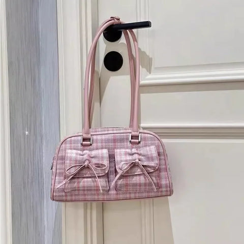 Pink Elegant Womens Shoulder Bag Plaid Bow Vintage Leather Cute Leather Handbag Casual Sweet Bow Exquisite New Armpit Bag