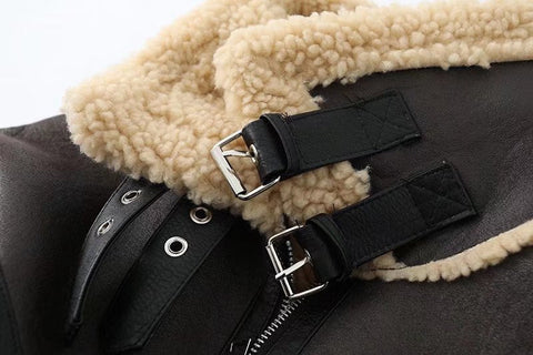 Women Fashion Thick Warm Faux Shearling Jacket Coat Vintage Long Sleeve Belt Hem Female Outerwear Chic Tops