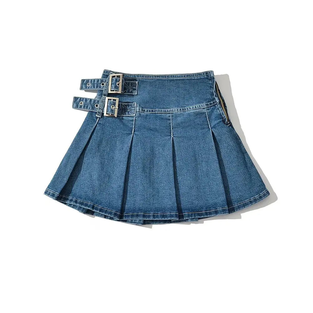 Summer New TARUXY Denim Y2k Skirt with Pleats and Belt 90s E-girl Korean Skirts For Women High Street Jeans Short Bottom