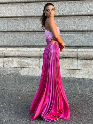 Women's Gradient Pleated Diagonal Collar Maxi Dresses Hollow Out Backless Sleeveless Dresses Irregular Lady Evening Vestidos