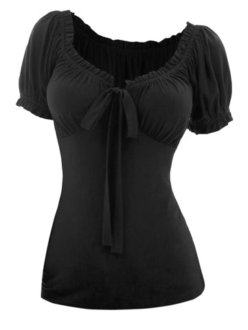Daily Cute Short Sleeve Solid Color T-shirt Ruffles Bowknot Ruched Empire Waist Scoop Neck Y2K Tops For Girl