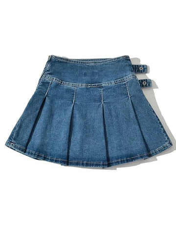 Summer New TARUXY Denim Y2k Skirt with Pleats and Belt 90s E-girl Korean Skirts For Women High Street Jeans Short Bottom