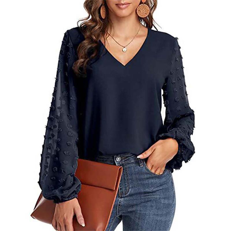 Solid Women Blouse Spring Fashion V Neck Long Sleeve Elegant Office Work Shirts Tops Lady Plus Size Casual Chiffon Blouses