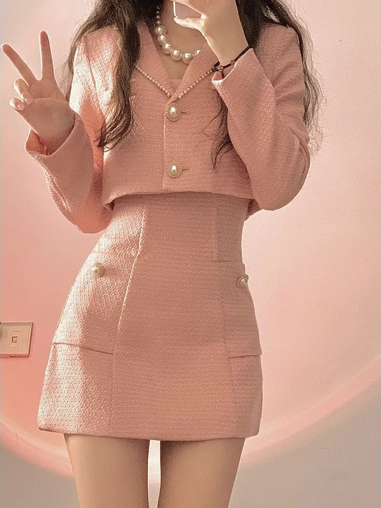 Autumn Pink Elegant Two Piece Set Women Korean Style Balzer Coat+Strap Mini Dress Set Female Solid Casual Slim Designer Set