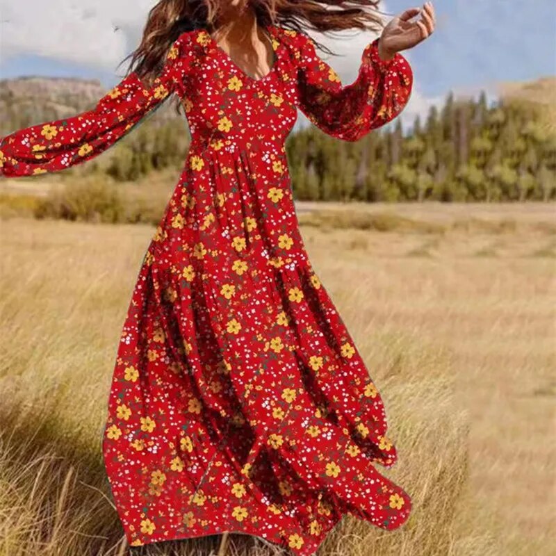 Floral Chiffon Fashion High Quality Maxi Dress Boho Women V-Neck Retro Holiday Leisure Long Sleeved Beach Temperament Lady Robe