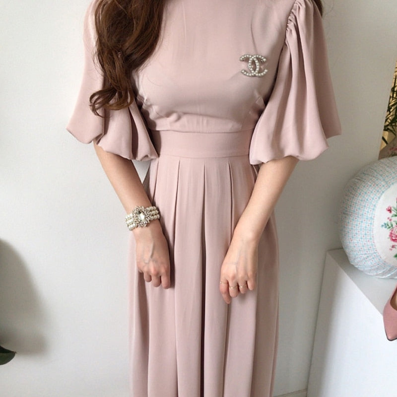 Korean Solid Casual Chic Elegant Dress for Women High Waist O-Neck Straps Short Lantern Sleeves Pleated Midi Dresses Summer