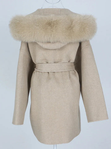 New Oversize Loose Cashmere Wool Blends Real Fur Coat Winter Jacket Women Natural Fox Fur Collar Hood Outerwear Belt