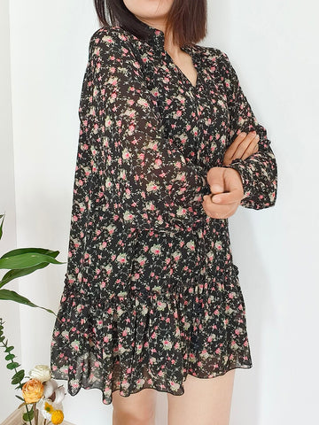 Summer Floral Print Chiffon Dress for Petite Women Sexy A-line Mini Dress with Flower Long Shirts Loose Women Ruffles Blouse Top