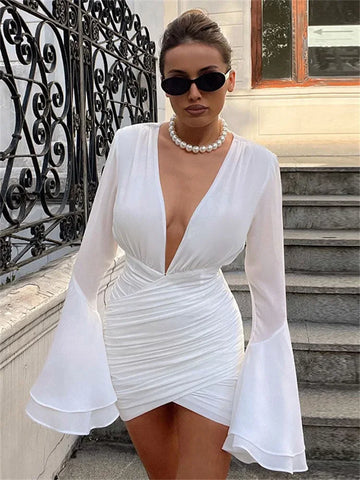 White Fashion V-Neck Mini Dress For Women Mesh See-Through Sexy High Waist Autumn Dress Patchwork Ruffled Party Dress New