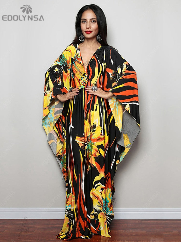 Print Maxi Dress Batwing Sleeve Tunic Spring Autumn Beach Dress Casual Plus Size Women Beachwear Kaftan Cover-ups Pbong mid size graduation outfit romantic style teen swag clean girl ideas 90s latina aesthetic