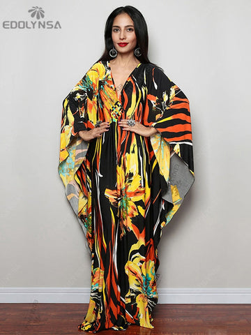 Print Maxi Dress Batwing Sleeve Tunic Spring Autumn Beach Dress Casual Plus Size Women Beachwear Kaftan Cover-ups Pbong mid size graduation outfit romantic style teen swag clean girl ideas 90s latina aesthetic