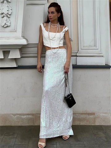 High Waist Sequin For Women Long Skirt Slim Split Fashion Elegant High Street Glitter Maxi Skirt Casual Female Long Skirt