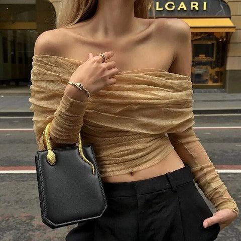 Aesthetic Mesh Sheer Off Shoulder T Shirt Elegant Long Sleeve Backless Crop Tops Summer Casual Slim Streetwear Tees