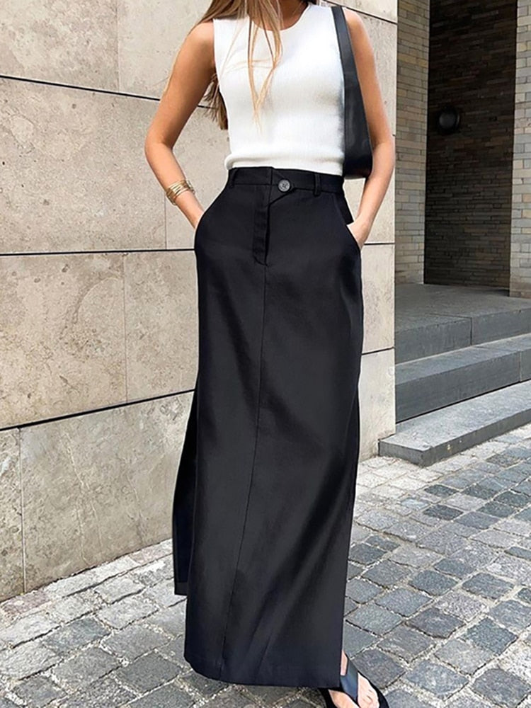 Summer Black Long skirts For Women Casual Side Split High Waist Fashion Party Skirts Patchwork Pocket Ladies Midi Skirts