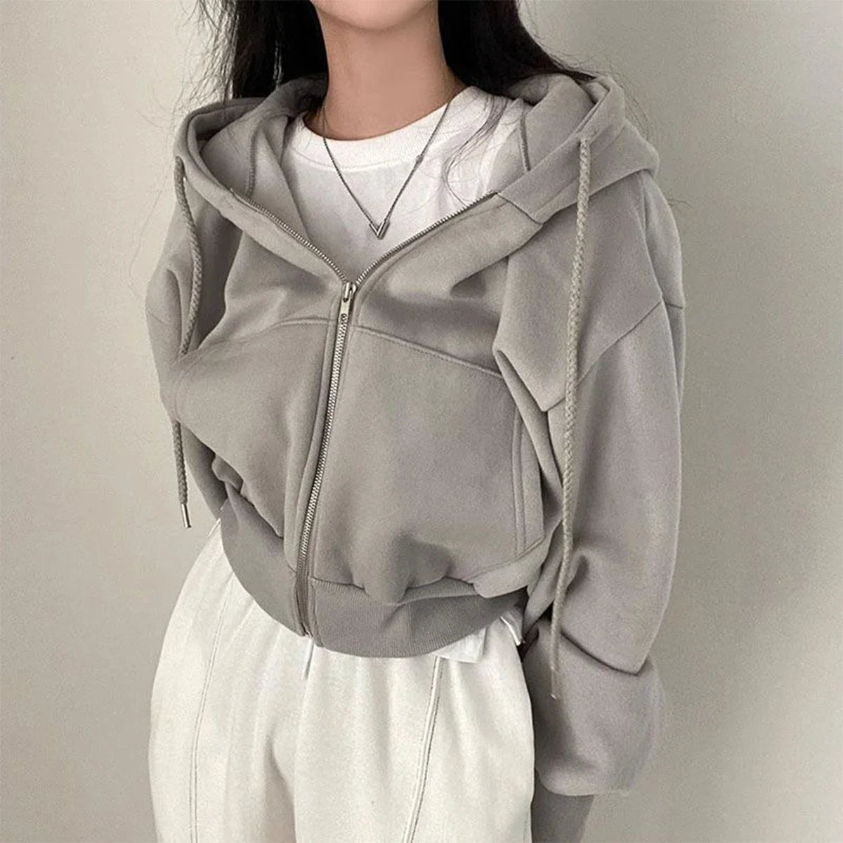 Women Casual Hoodies Autumn Retro Solid Color Zip Up Oversized Sweatshirts Harajuku Long Sleeve Hooded Loose Short Jackets Coat