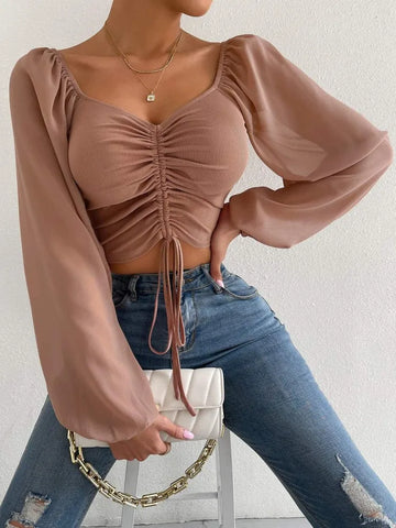 Woman's Tops Puff Sleeve Sexy Close-Fitting Summer and Spring Lace up V-neck Fashion Solid Color Simple Long Sleeve Hot